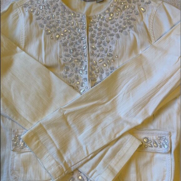 CHICO’S PLATINUM White Embellished Cotton Blazer Jacket.Size 1 - Picture 9 of 15